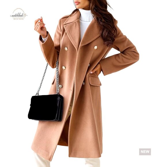 Wool Blend Trench Coat Double Breasted Notch Lapel Long Sleeve Overcoat